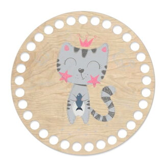 Drevené dno na košík s potlačeným motívom - kruh 15 cm šedá mačička 170