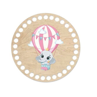 Drevené dno na košík s potlačeným motívom - kruh 15 cm Sloník v balóne 619