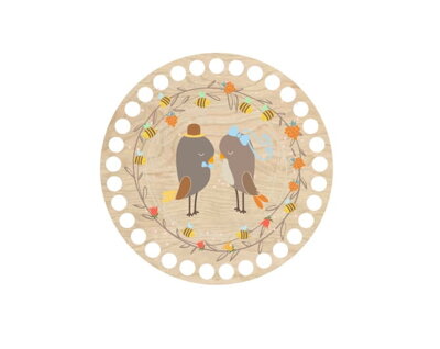 Drevené dno na košík s potlačeným motívom - kruh 15 cm zaľúbené vtáčiky 67