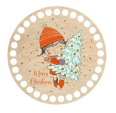 Drevené dno na košík s potlačeným motívom - kruh 15 cm Dievčatko s vianočným stromčekom 108