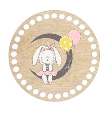 Drevené dno na košík s potlačeným motívom - kruh 15 cm zajačik s balónmi 157