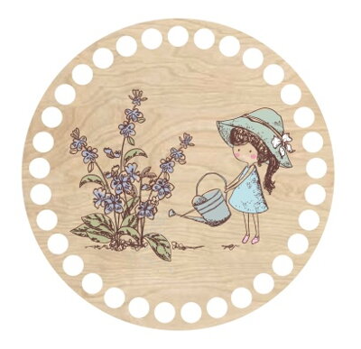 Drevené dno na košík s potlačeným motívom - kruh 15 cm dievčatko v záhrade 105