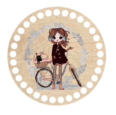 Drevené dno na košík s potlačeným motívom - kruh 15 cm dievčatko s bicyklom 94