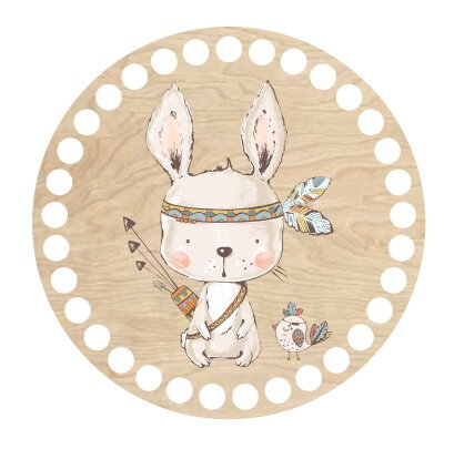 Drevené dno na košík s potlačeným motívom - kruh 15 cm králik indián 103