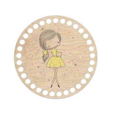 Drevené dno s motívom kruh15 cm - Dievčatko v žltých šatách 593